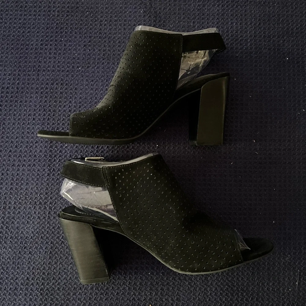 Adam Tucker Black Suede Block Heel Sandals